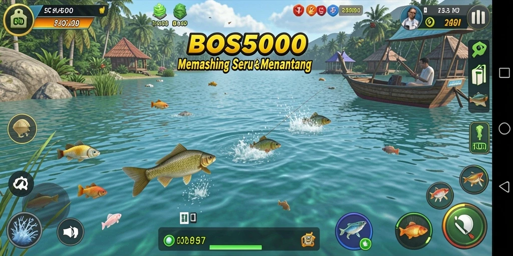 Tampilan gameplay seru di BOS5000 dengan aksi memancing yang mendebarkan.