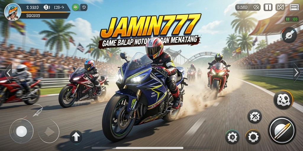 Tampilan gameplay seru dari JAMIN777 saat balapan motor.