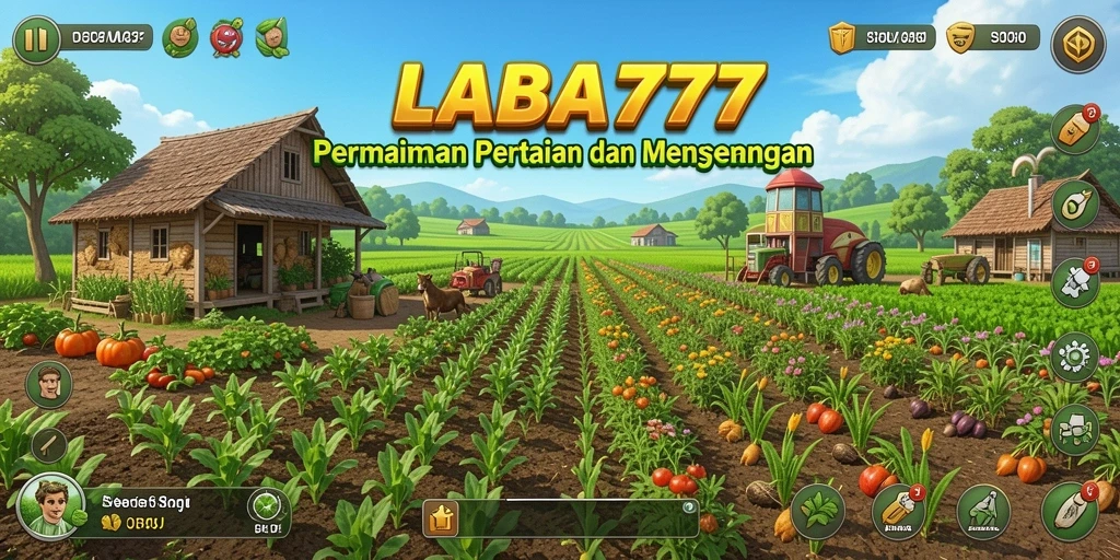 Tampilan gameplay <strong>LABA777</strong> dengan ladang yang subur dan hewan peliharaan.