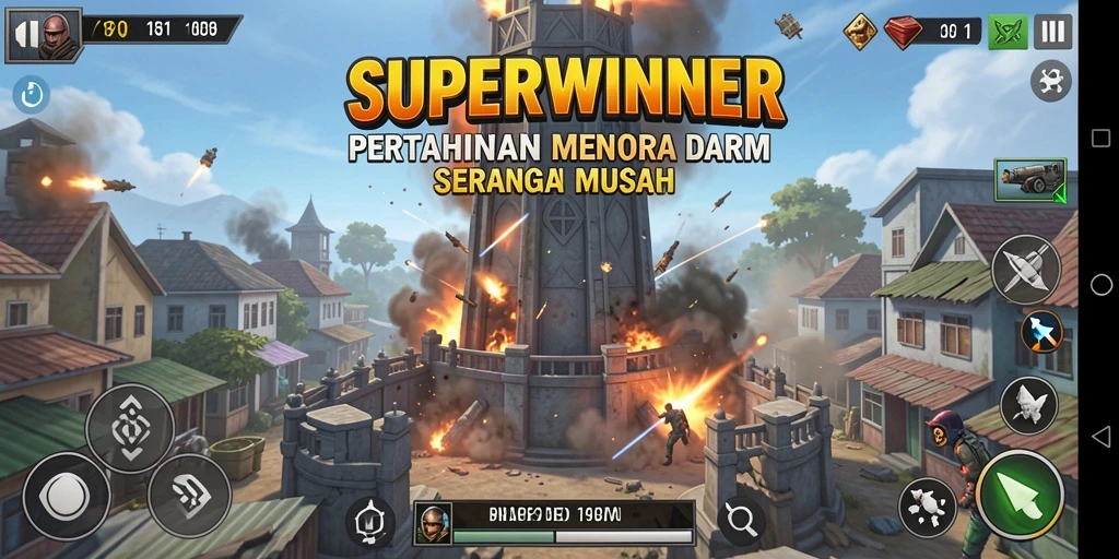 Tampilan gameplay SUPERWINNER dengan strategi menara yang menantang.