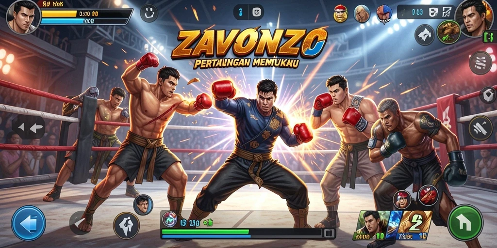 Screenshot ZAVONZO menunjukkan adu tangan yang mendebarkan antara karakter-karakter unik.